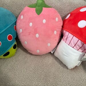 Cute Plush pillow Set - Strawberry, Mushroom, and alien space ship.